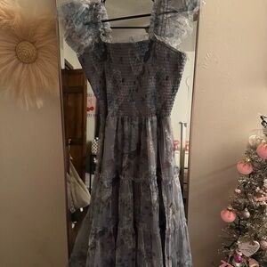 Floral Ruffled Dress in Blue and Gray